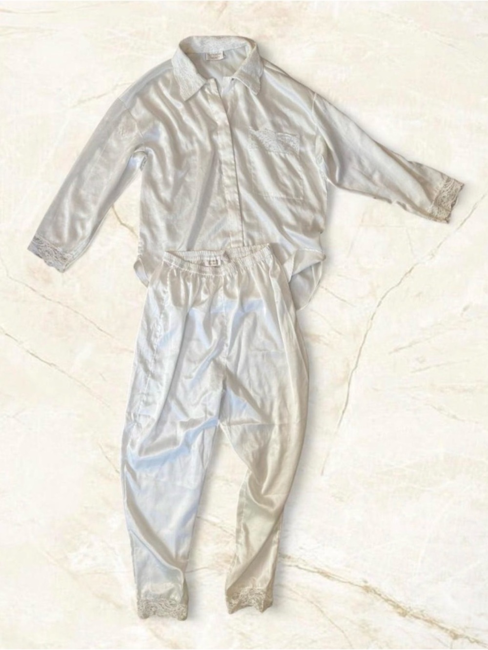 Vintage Victoria's Secret Ivory Satin Pajama Set Lace Trim M Coquette